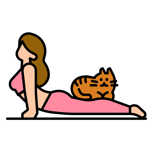 Woman stretching with a cat on her